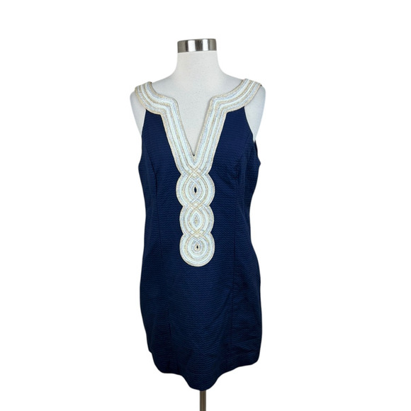 Lilly Pulitzer Valli Shift Dress in True Navy Size 10 Gold Silver Detail Coastal - Picture 1 of 4